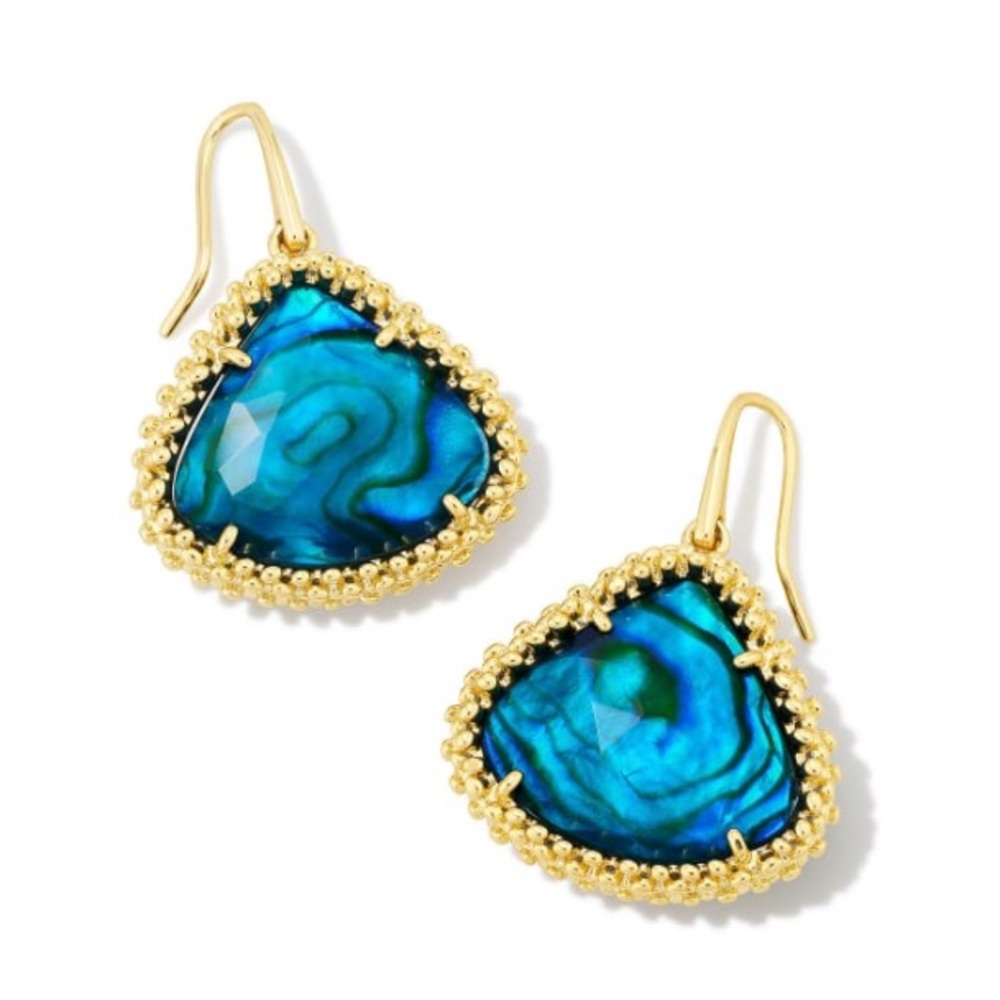 GOLD FRAMED KENDALL LARGE TEAL ABALONE DROP EARRINGS Kendra Scott NWT